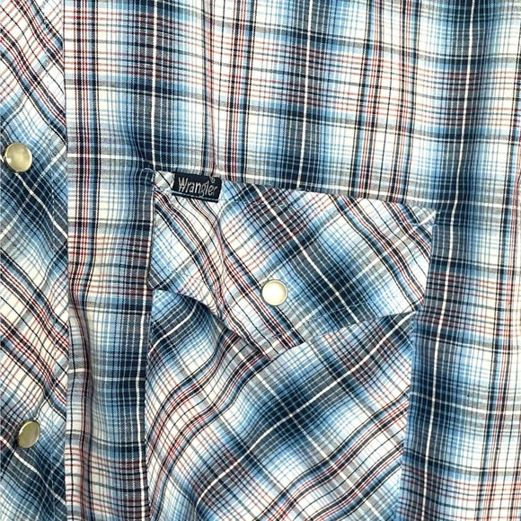 Vintage 90s Wrangler Blue White Red Plaid Western Pearl Snap Shirt Size Large - Picture 4 of 4
